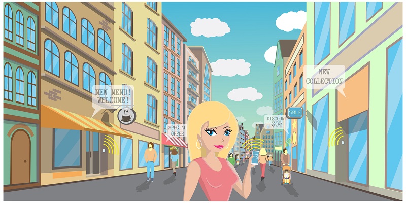 Grafika 2D - kobieta na handlowej ulicy