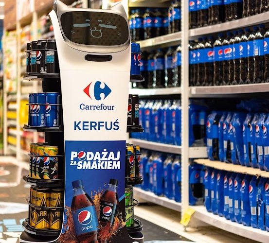 Jeżdżący robot z półkami wypełnionymi puszkami napojów